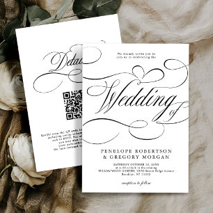Modern calligraphy black white QR code wedding Invitation