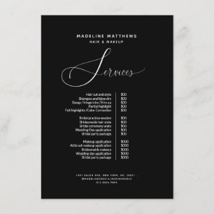 Modern Calligraphy Black White Salon Price List Menu