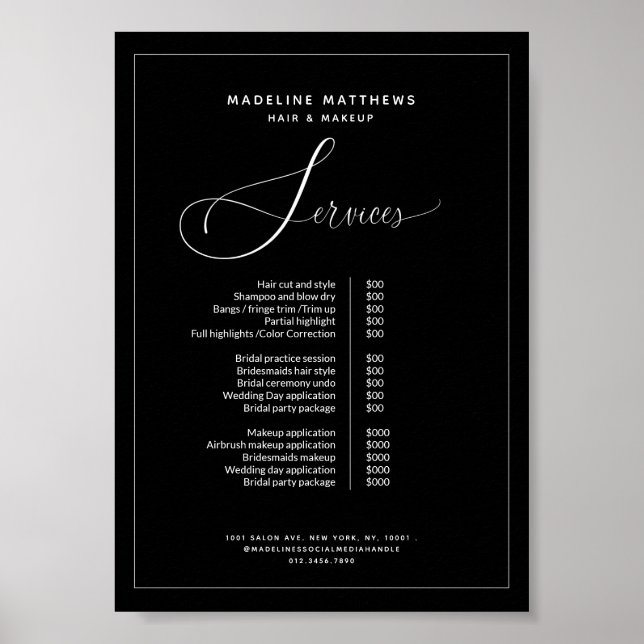 Modern Calligraphy Black White Salon Price List Poster (Front)