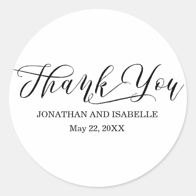 Modern Calligraphy Black & White Wedding Thank You Classic Round Sticker (Front)