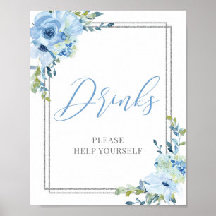 Modern calligraphy blue floral silver drinks sign
