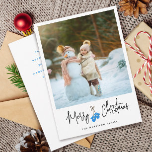 Modern Calligraphy Blue Mittens Photo Flat Holiday Card