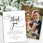 Modern Calligraphy Bohemian Script Photo Wedding Thank You Card<br><div class="desc">Modern Chic Whimsical Calligraphy Script Photo Wedding Thank You Card. Stylish wedding thank you template featuring a full vertical photo, "Thank You" text in a whimsical swirly hand lettering typography swash tail font script in black and white. 2-sided card with pre-made thank you message at the front, and full photo...</div>