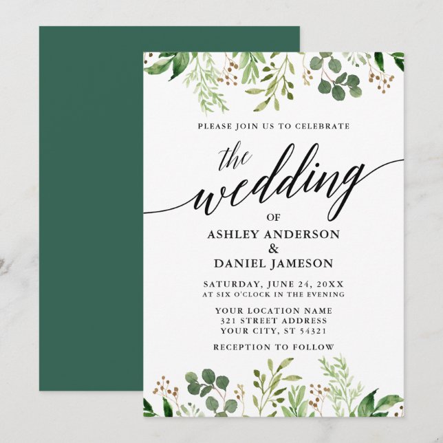Modern Calligraphy Botanical Green Wedding Invitation (Front/Back)
