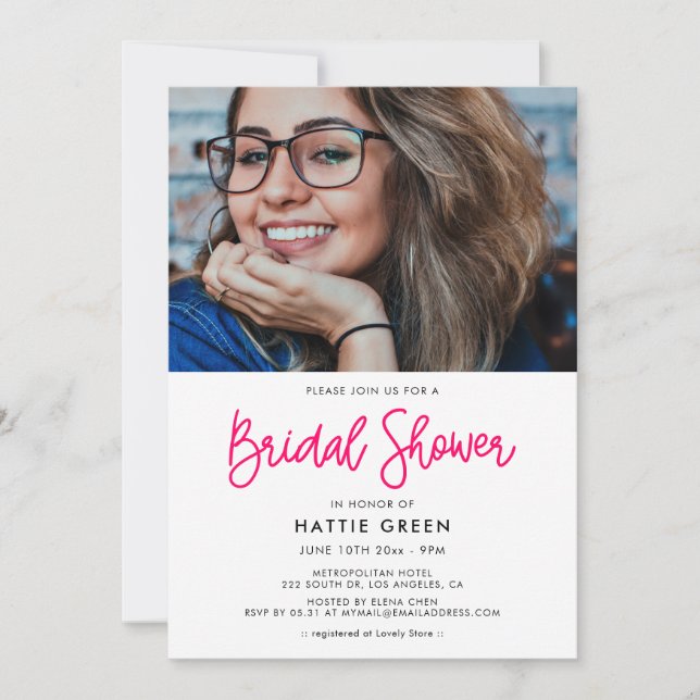 Modern calligraphy bridal shower photo invitation (Front)