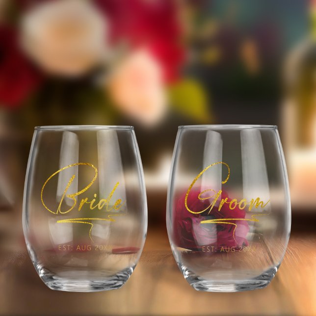 Modern Calligraphy Bride & Groom Gold ID1025 Stemless Wine Glass (Creator Uploaded)