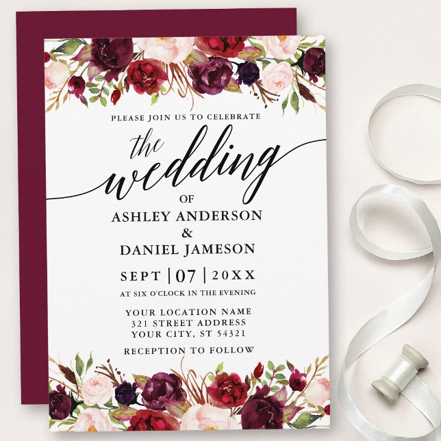 Modern Calligraphy Burgundy Floral Elegant Wedding Invitation (Customize to change text size, style, add text & photos to back or change color of back of card.)