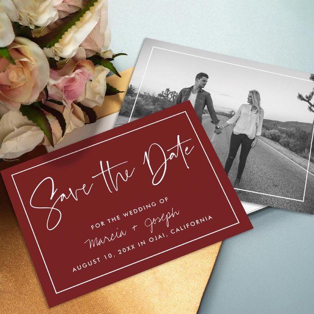 Modern calligraphy Burgundy Non-Photo Save The Date (Creator Uploaded)