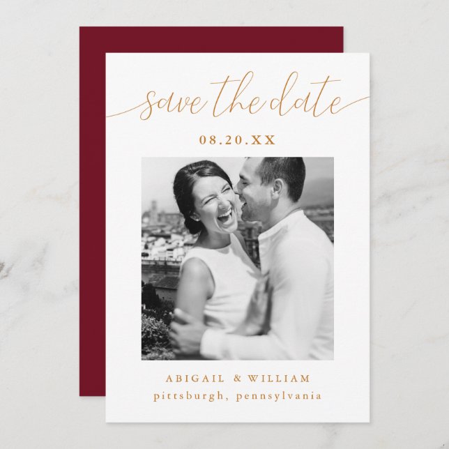 Modern Calligraphy Burgundy Red Photo Wedding Save The Date (Front/Back)