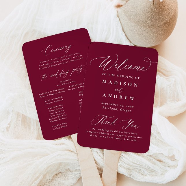 Modern Calligraphy Burgundy Wedding Program Hand Fan (Creator Uploaded)