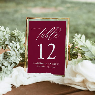 Modern Calligraphy Burgundy Wedding Table Number