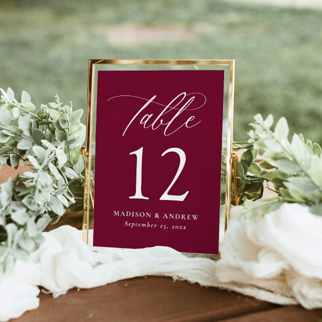 Modern Calligraphy Burgundy Wedding Table Number (Creator Uploaded)