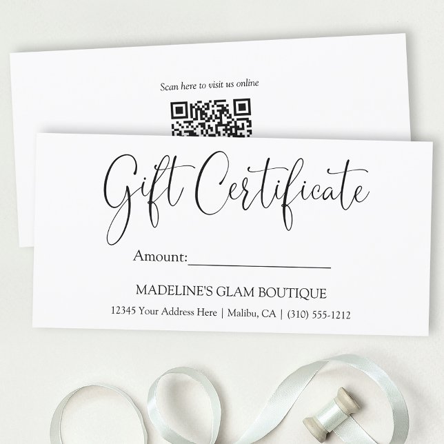 Modern Calligraphy Business QR Gift Certificate (Customize to change your personalized text style, size or color. Add your QR Scan code on back.)