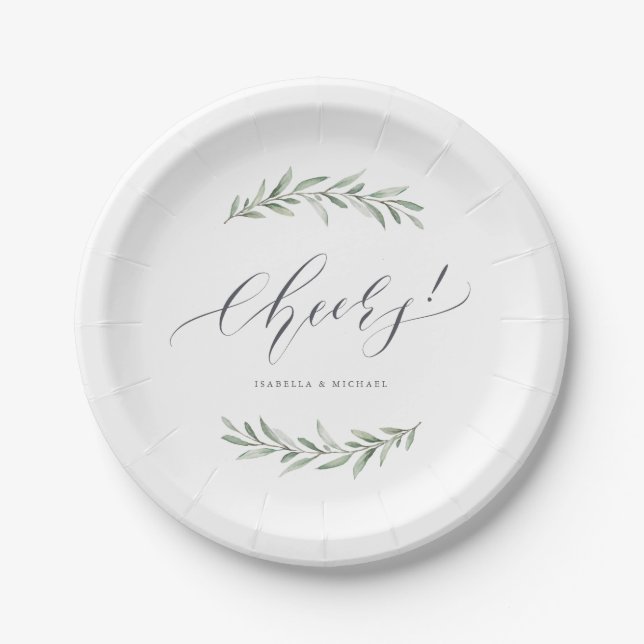 Modern calligraphy cheers rustic greenery wedding paper plate (Front)