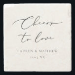 Modern Calligraphy Cheers to Love Wedding Gift Stone Coaster<br><div class="desc">A personalised wedding or engagement gift stone coaster,  with "cheers to love" in black modern calligraphy font. Personalise with names and wedding date underneath.</div>