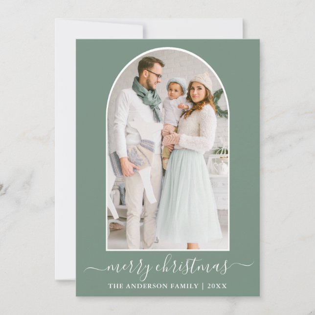 Modern Calligraphy Christmas Photo Arch Sage Green Holiday Card (Front)