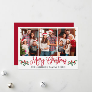 Modern Calligraphy Christmas Red Holly 3 Photo Holiday Card