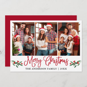 Modern Calligraphy Christmas Red Holly 3 Photo Holiday Card