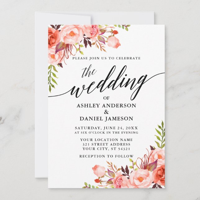 Modern Calligraphy Coral Floral Wedding Invitation (Front)