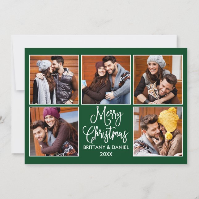 Modern Calligraphy Couple 5 Photo Christmas Green Holiday Card (Front)