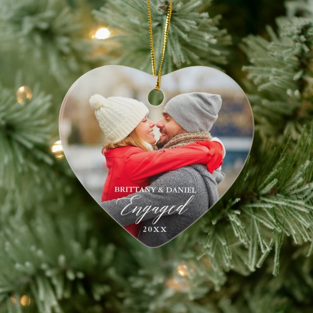 Modern Calligraphy Couple Photo Heart Engaged Ceramic Tree Decoration (Tree)