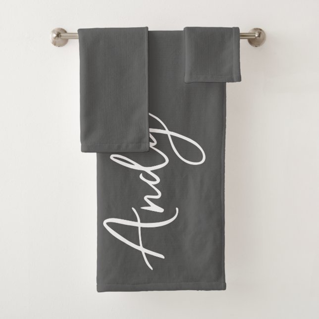 Modern Calligraphy Dark Grey Custom Name Bath Towel Set (Insitu)