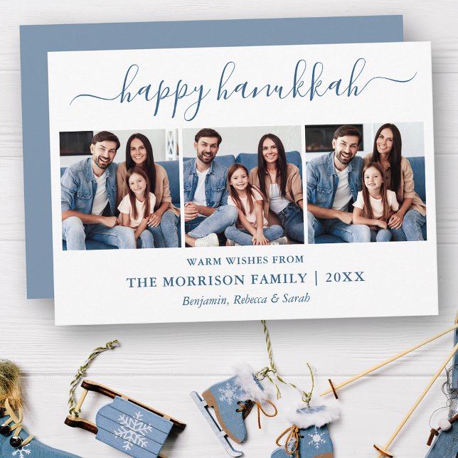 Modern Calligraphy Dusty Blue Hanukkah 3 Photo Holiday Card (Customize to add text to back of card.)