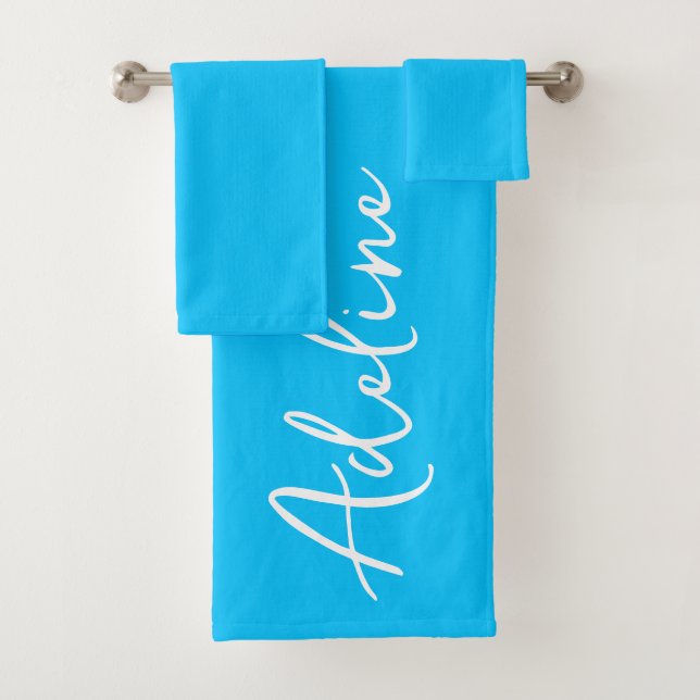 Modern Calligraphy Electric Blue Custom Name Bath Towel Set (Insitu)