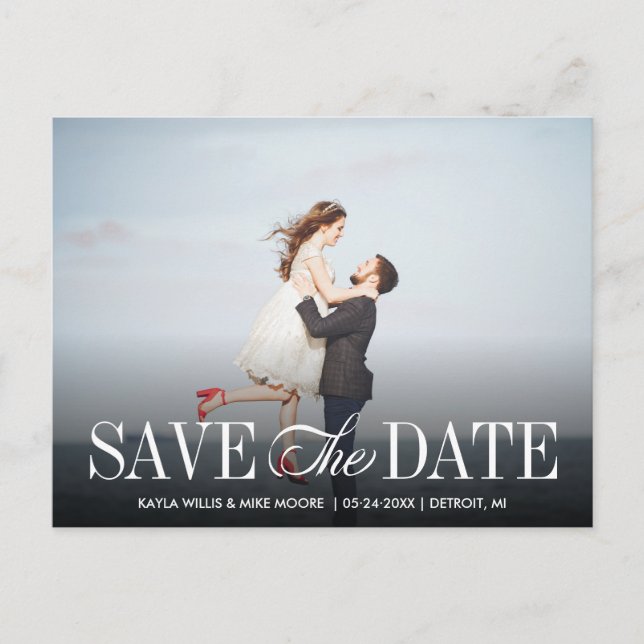Modern calligraphy elegant landscape photo wedding announcement postcard (Front)