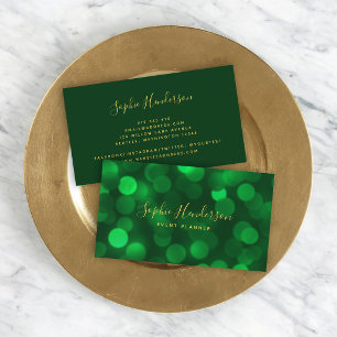Modern Calligraphy Emerald Green Bokeh Lights Business Card
