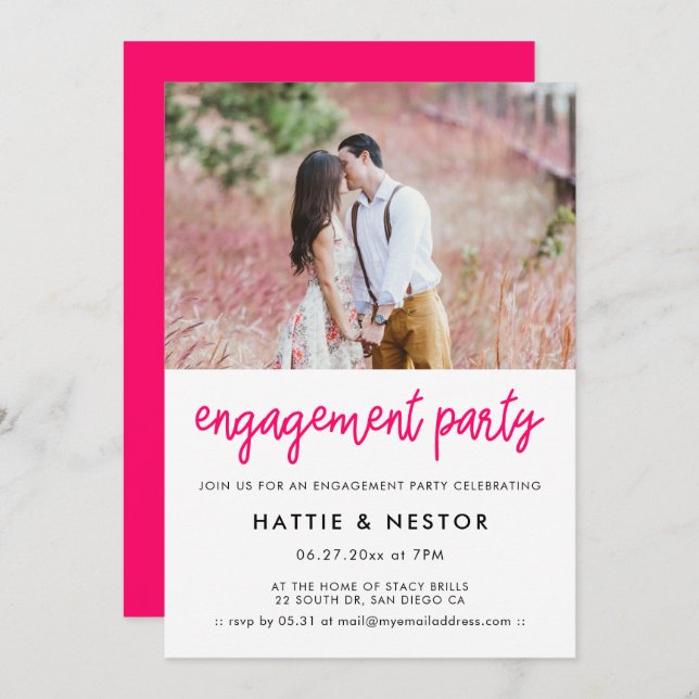 Modern calligraphy engagement party photo invitation (Front/Back)