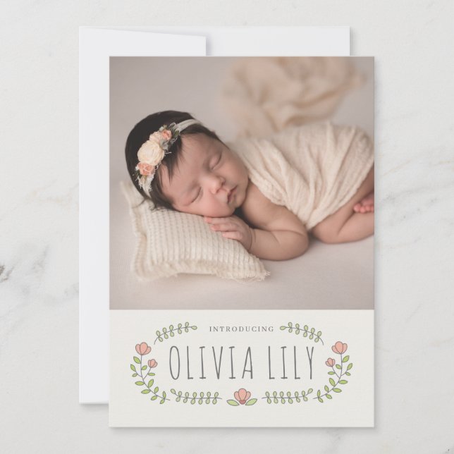 Modern Calligraphy Floral Design Collage Birth Announcement (Front)