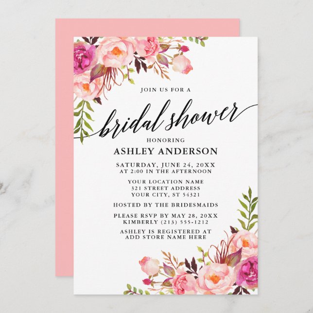 Modern Calligraphy Floral Pink Blush Bridal Shower Invitation (Front/Back)
