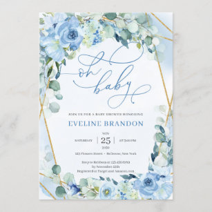 Modern Calligraphy Font Blue Floral Baby Shower Invitation