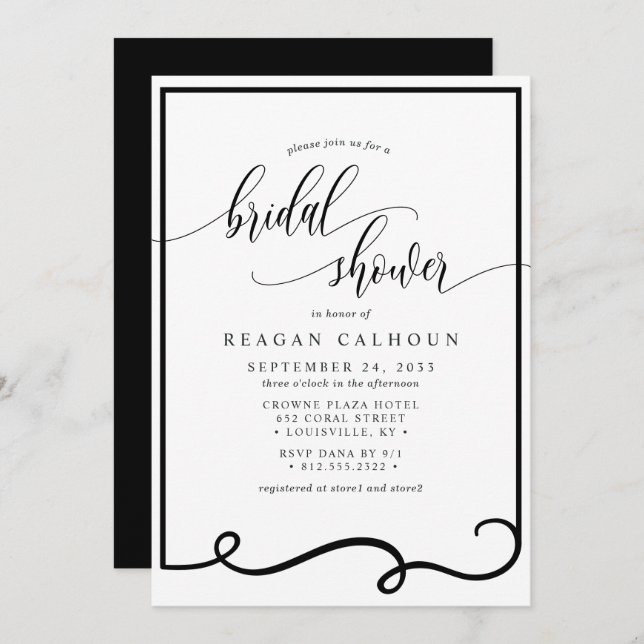 Modern Calligraphy Frame Black White Bridal Shower Invitation (Front/Back)