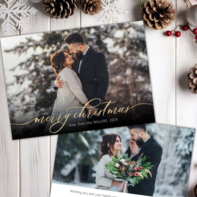 Modern Calligraphy Gold Script 2 Photo Christmas  Holiday Card (Creator Uploaded)