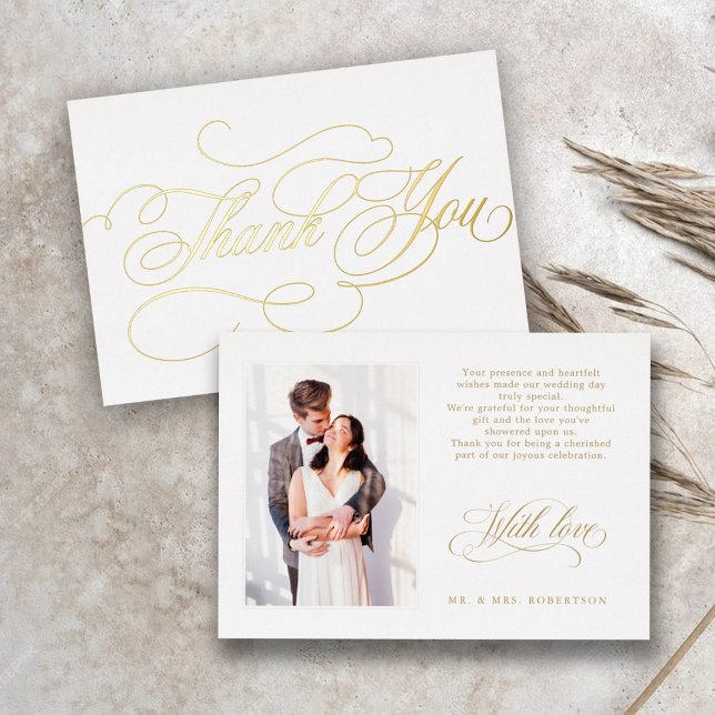 Modern calligraphy gold wedding Thank You card (Gold calligraphy wedding photo thank you card)