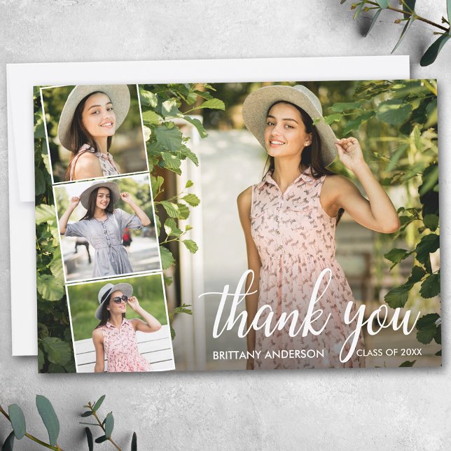 Modern Calligraphy Graduation 4 Photo Collage Thank You Card (Customize to add text to back of card.)