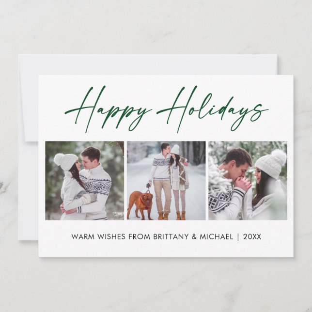 Modern Calligraphy Green Ink 3 Photo Couple Holiday Card (Front)