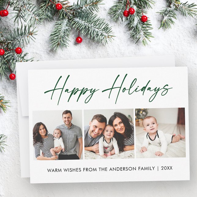Modern Calligraphy Green Ink Script 3 Photo Holiday Card (Customize to change your personalized text size or style.)
