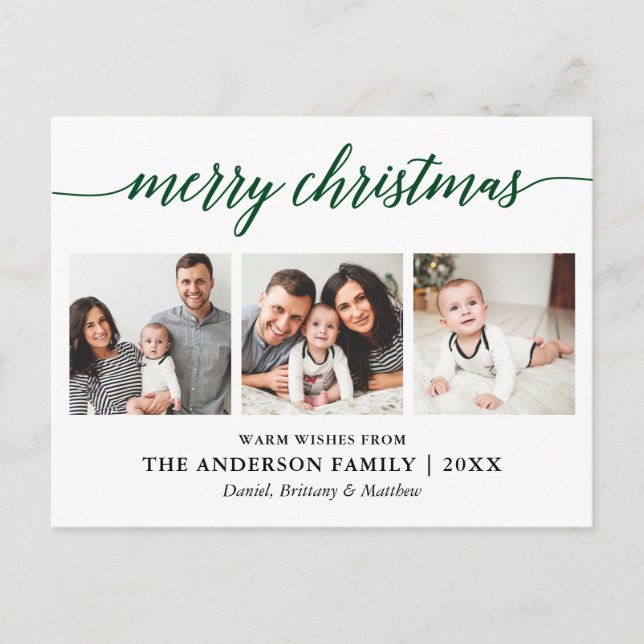 Modern Calligraphy Green Merry Christmas 3 Photo Postcard (Front)