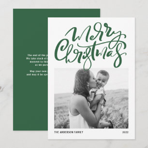 Modern Calligraphy Green Photo Merry Christmas Holiday Card