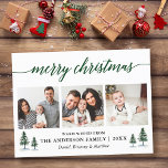 Modern Calligraphy Green Pines Christmas 3 Photo Postcard<br><div class="desc">Modern Calligraphy Script Merry Christmas 3 Photo Holiday Postcard includes Watercolor Pine Trees</div>