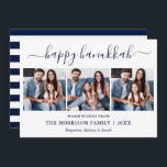 Modern Calligraphy Hanukkah 3 Photo Blue Stripes Holiday Card<br><div class="desc">Modern Trendy Calligraphy Script 3 Photo Family Photo Collage Happy Hanukkah Card - Navy Blue and White Stripes Back</div>