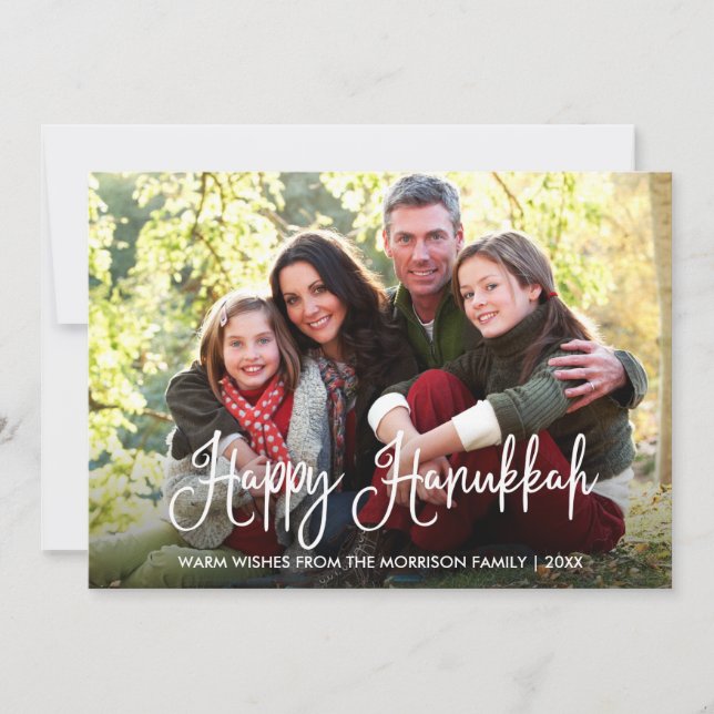 Modern Calligraphy Happy Hanukkah Family Photo Holiday Card (Front)