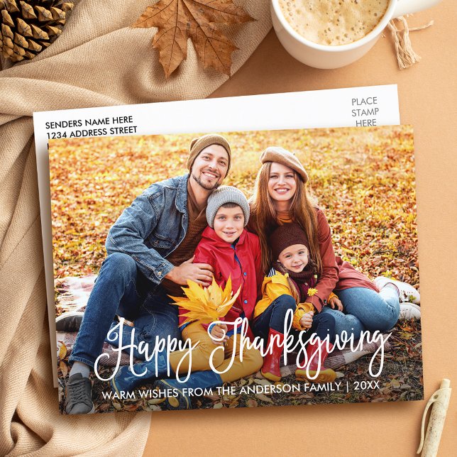 Modern Calligraphy Happy Thanksgiving Family Photo Postcard (Customize to change your personalized text size or text style.)