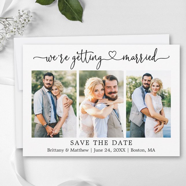 Modern Calligraphy Heart 3 Photo Getting Married Save The Date (Customize to add text to back of card.)