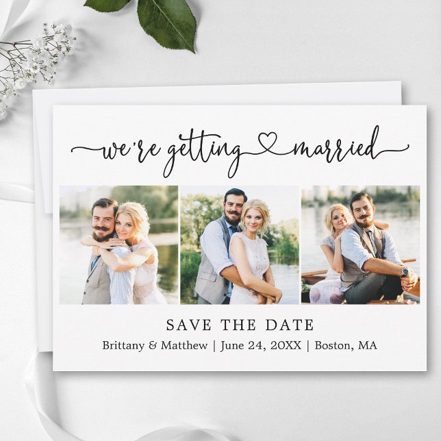 Modern Calligraphy Heart 3 Photos Getting Married Save The Date (Customize to add text to back of card.)