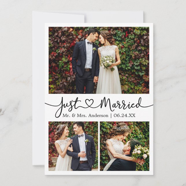 Modern Calligraphy Heart 3 Photos Wedding Announcement (Front)