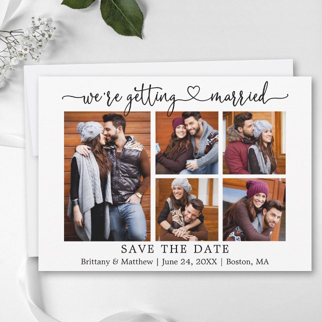 Modern Calligraphy Heart 5 Photos Getting Married Save The Date (Customize to add text to back of card.)
